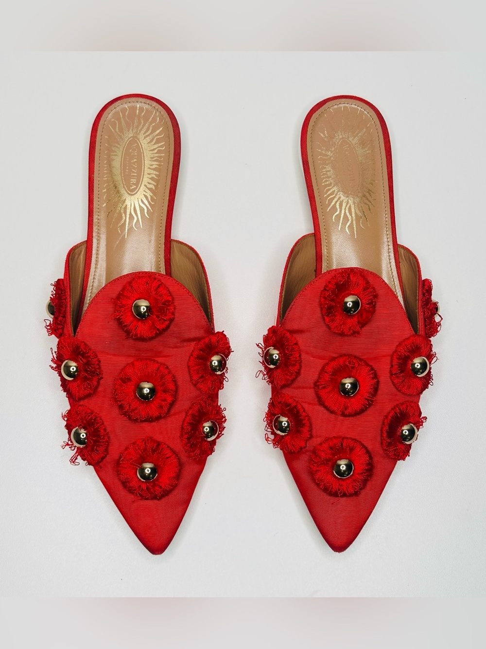 Aquazzura Sunflower Red Brocade Canvas Gold Embellished Slide Flats Mules Shoes - Picture 2 of 11